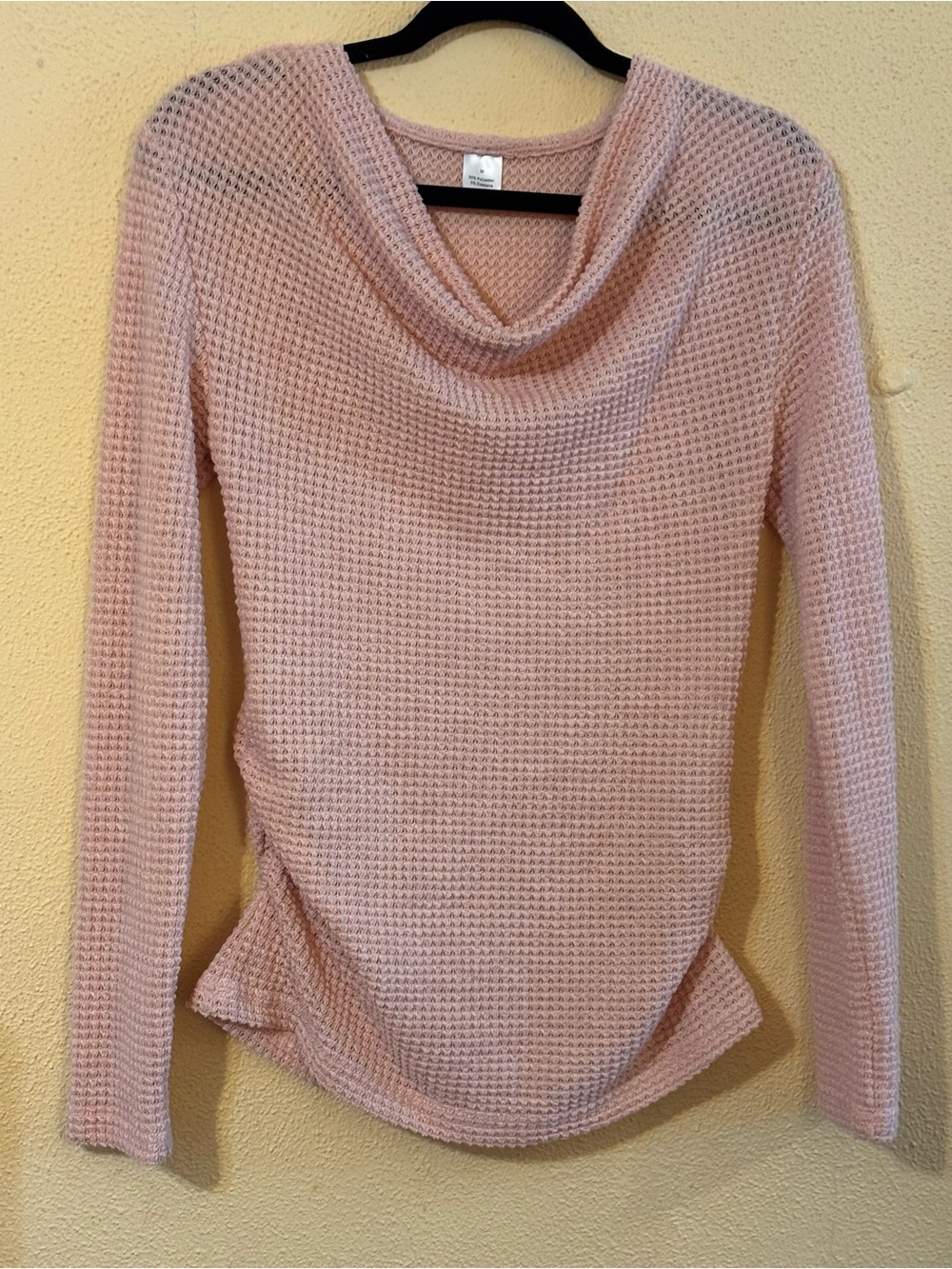 Light Dusty Pink Waffle Knit Cowl Neck Ruched Top Size M NWOT